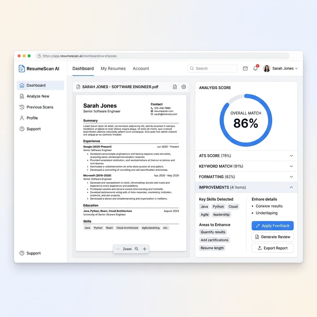 AI Resume Analyzer Dashboard showing ATS score and feedback