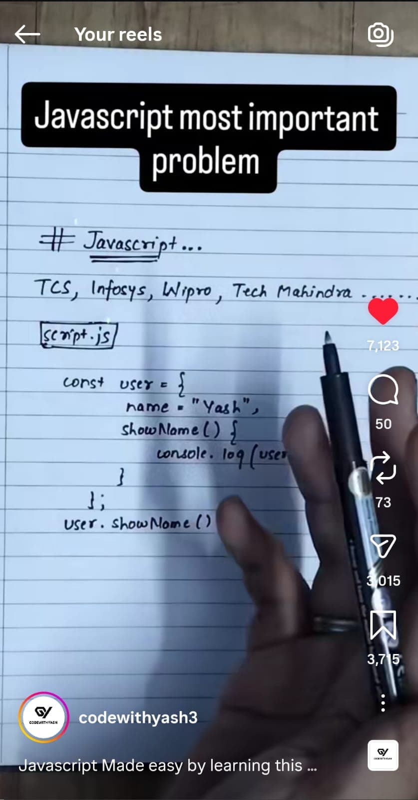 CodeWithYash JavaScript important problem reel